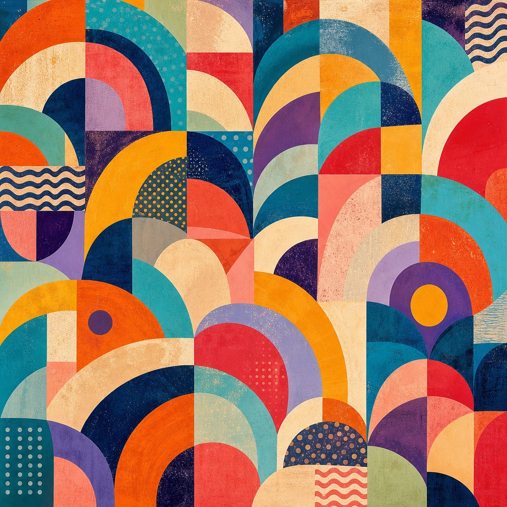 Colorful abstract geometric pattern with layered arches, tiles, and dots