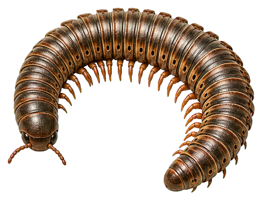 Curved brown prehistoric millipede sticker with segmented body and many legs