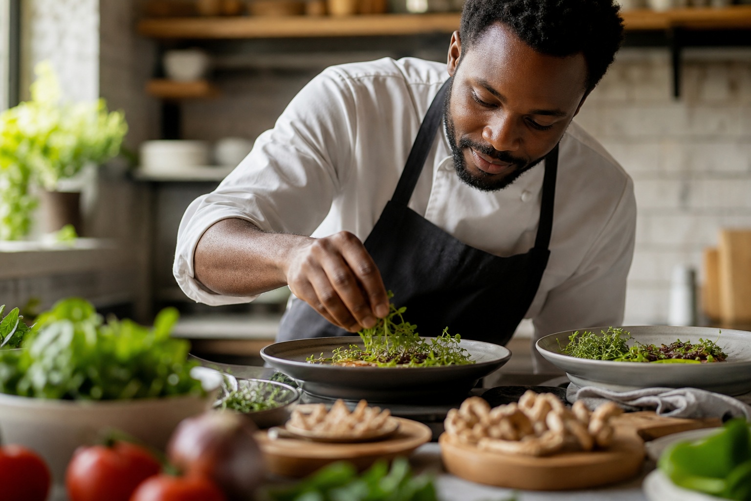 Chef plating a meal at a kitchen counter with fresh ingredients nearby
