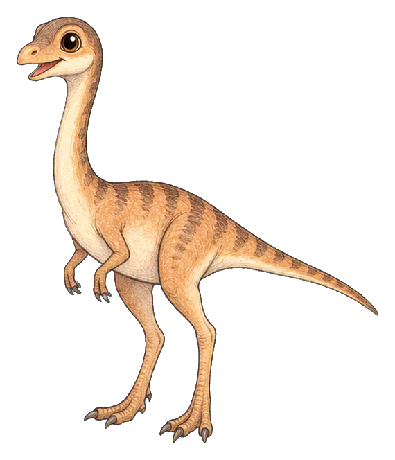 Cute cartoon Gallimimus dinosaur standing in profile with a friendly expression.