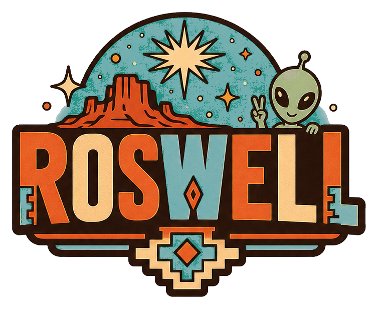 Retro Roswell text with an alien head and starburst graphic