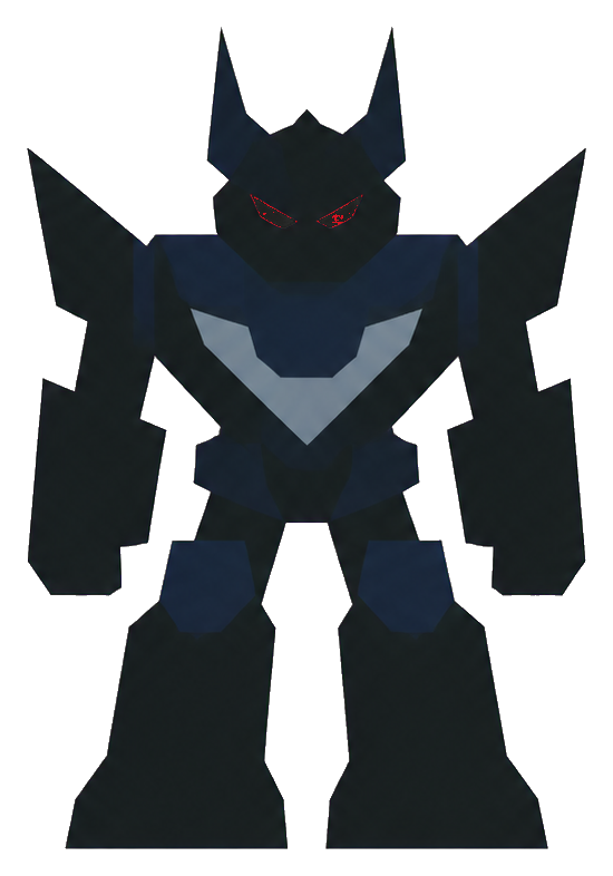 Dark angular robot with red eyes and sharp shoulders in a bold minimal style.