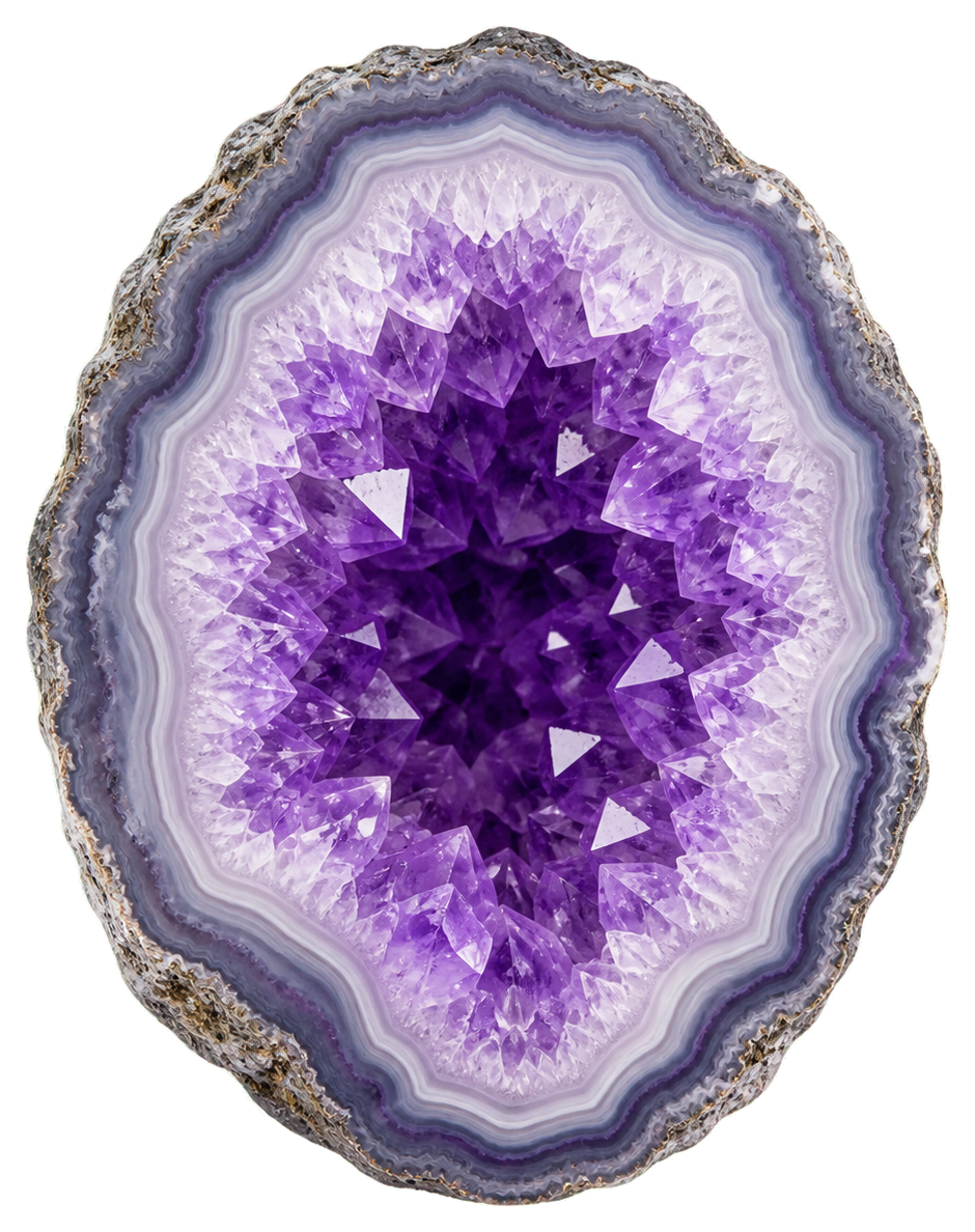 Purple geode slice with layered crystal center and rough outer edge