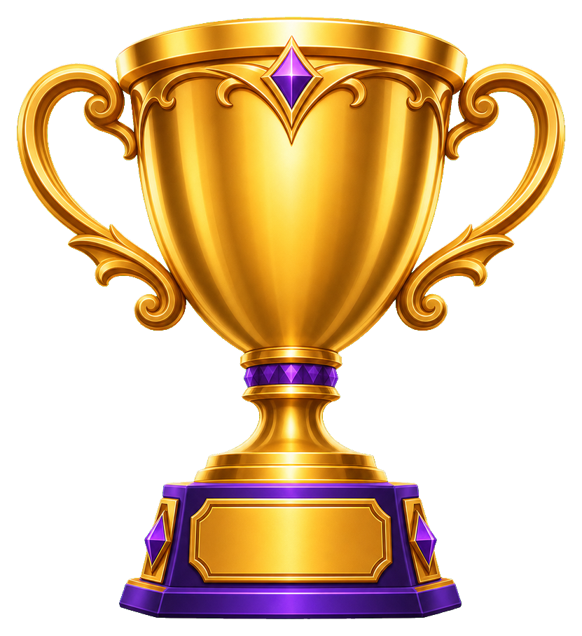 Shiny gold trophy with purple accents on a blank sticker graphic
