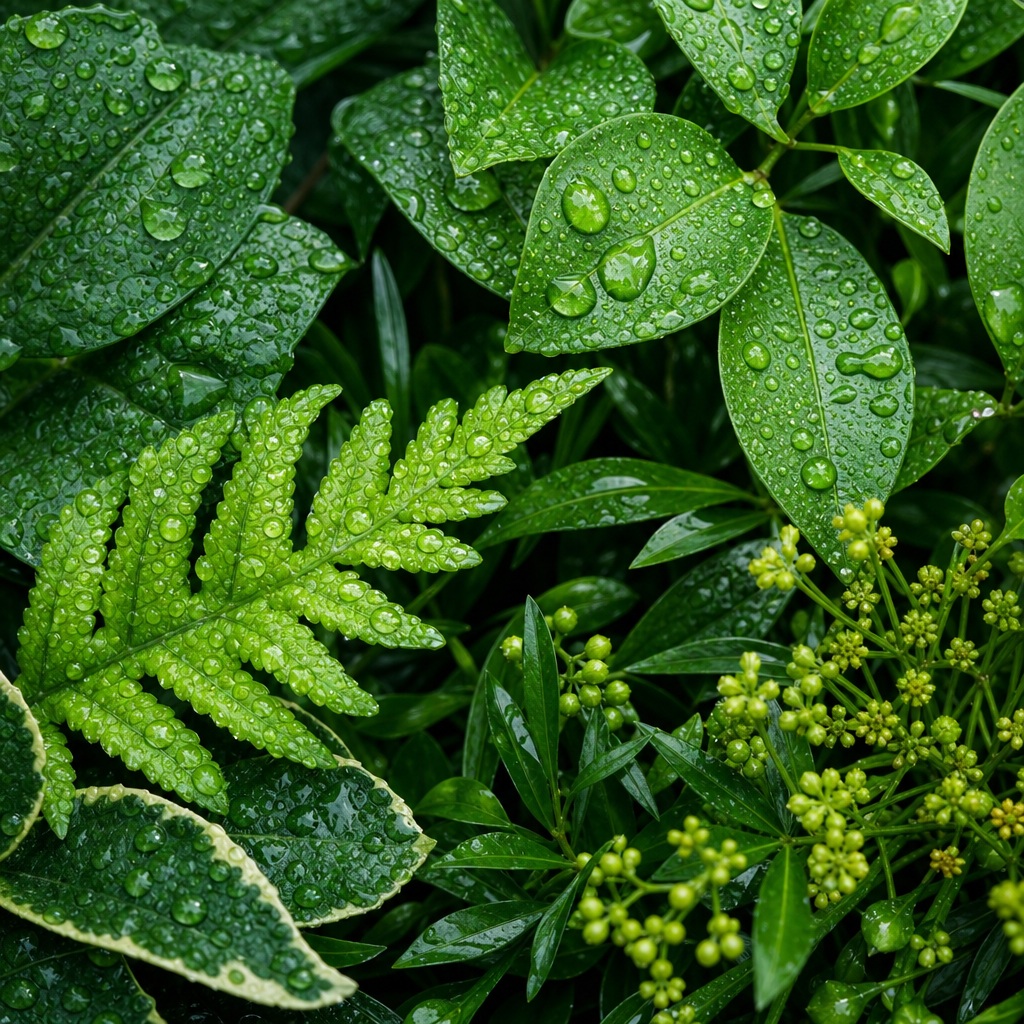 Close-up of wet green leaves and fern fronds covered in rain droplets