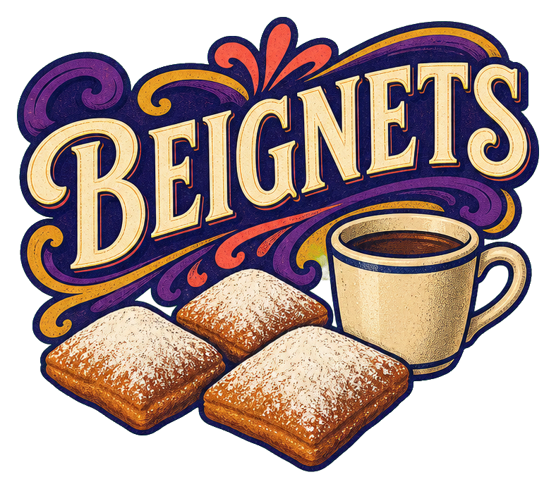 Retro Beignets word art with powdered pastries and a coffee cup
