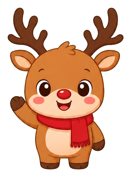 Cute cartoon reindeer waving with antlers and a red scarf.