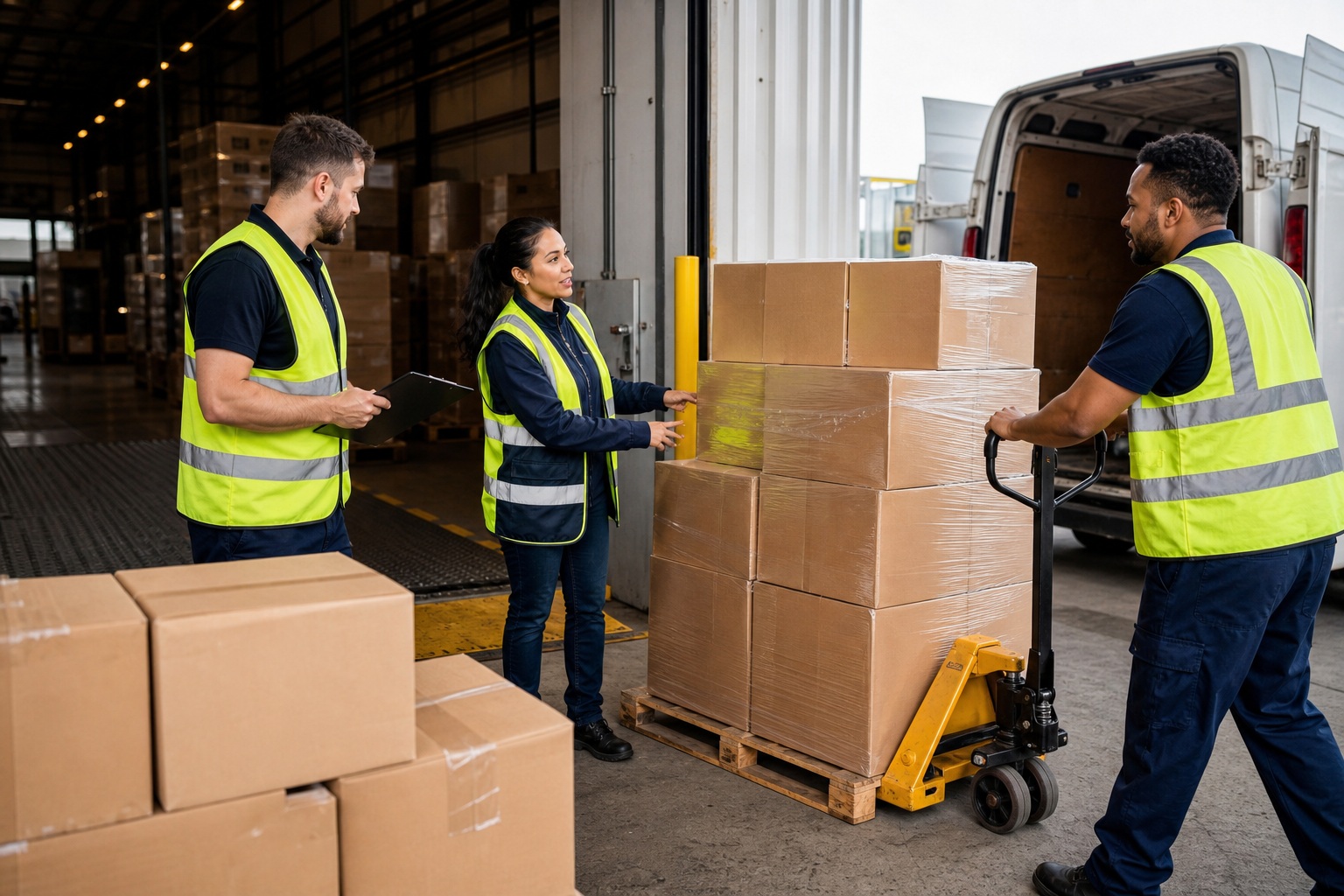 Three warehouse workers in safety vests moving stacked boxes with a pallet jack near a loading dock.
