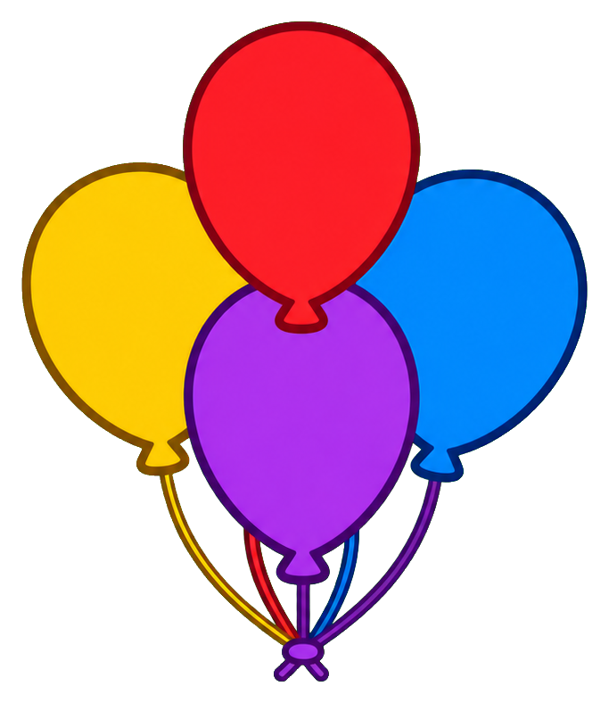 Red, yellow, blue, and purple balloons tied together in a cluster.