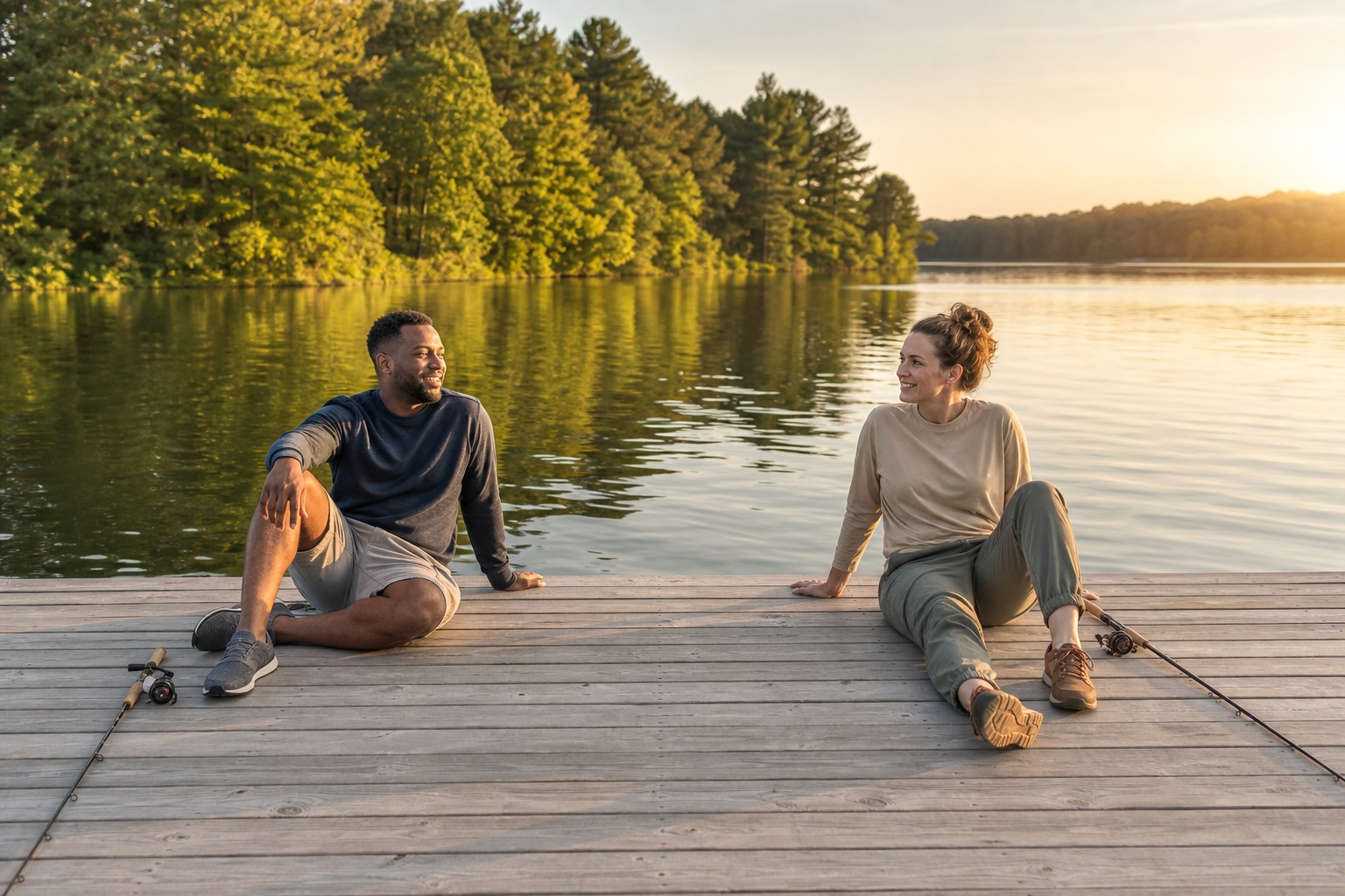Two friends sitting on a wooden dock beside a calm lake at sunset.