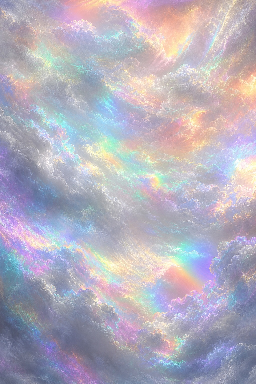 Silver and rainbow pearlescent clouds with a soft holographic gradient and iridescent color shifts.