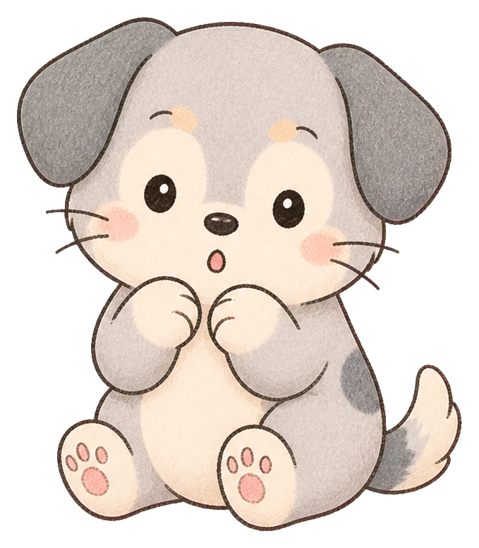 Cute gray puppy sitting with a surprised expression and paws held up