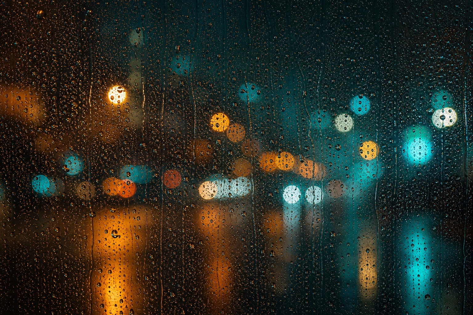 Blurred city lights seen through a rain-covered window at night
