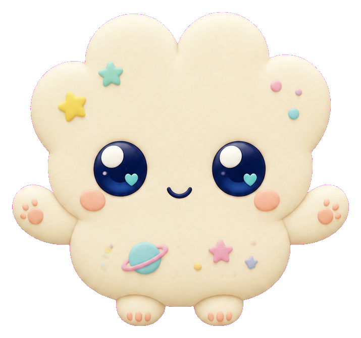 Cute cream cloud alien with big eyes, small arms, and pastel star details