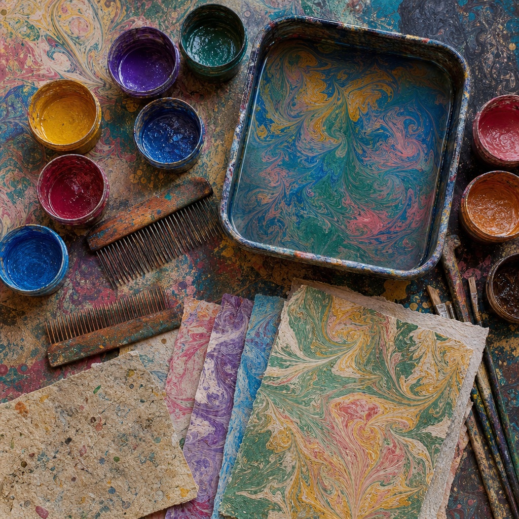 Colorful paper marbling supplies arranged on a craft table with pigment bowls and tools