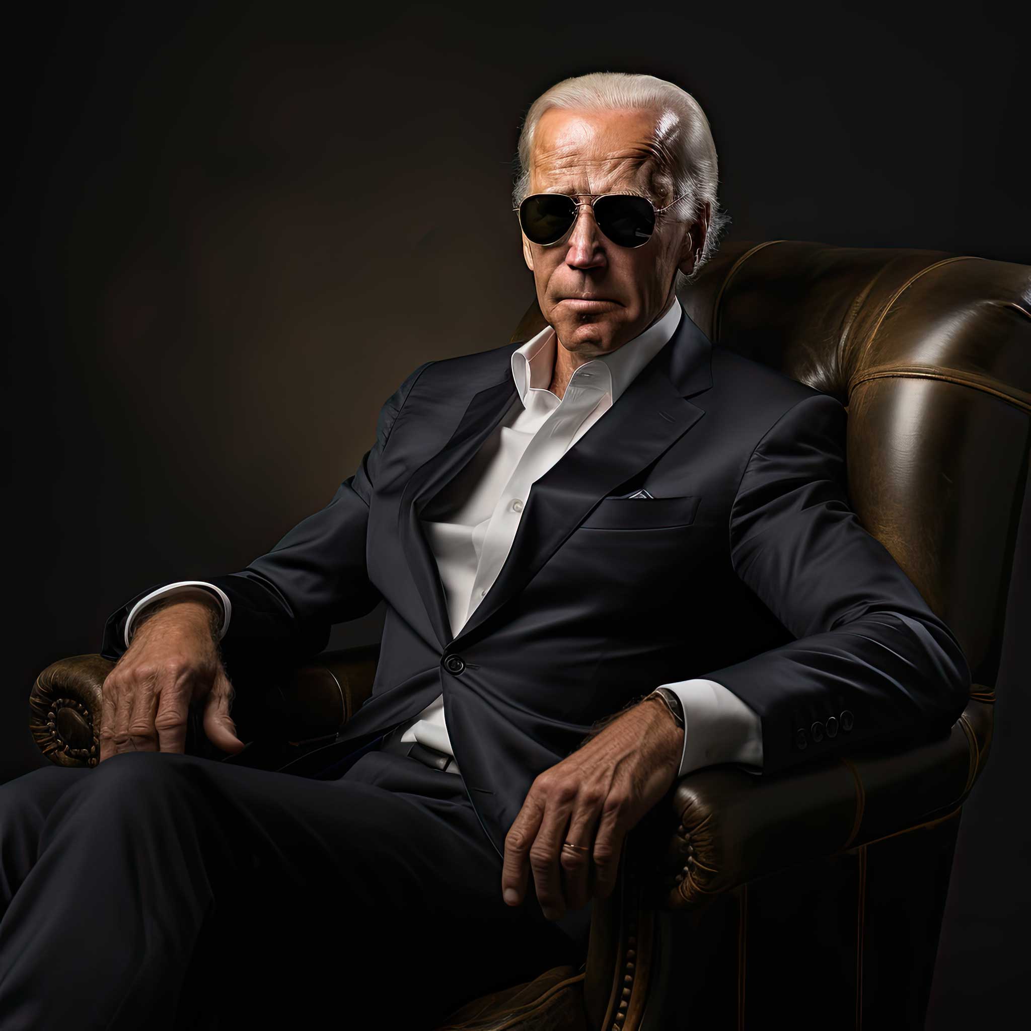 Older man in a dark suit and sunglasses sitting in a leather chair.