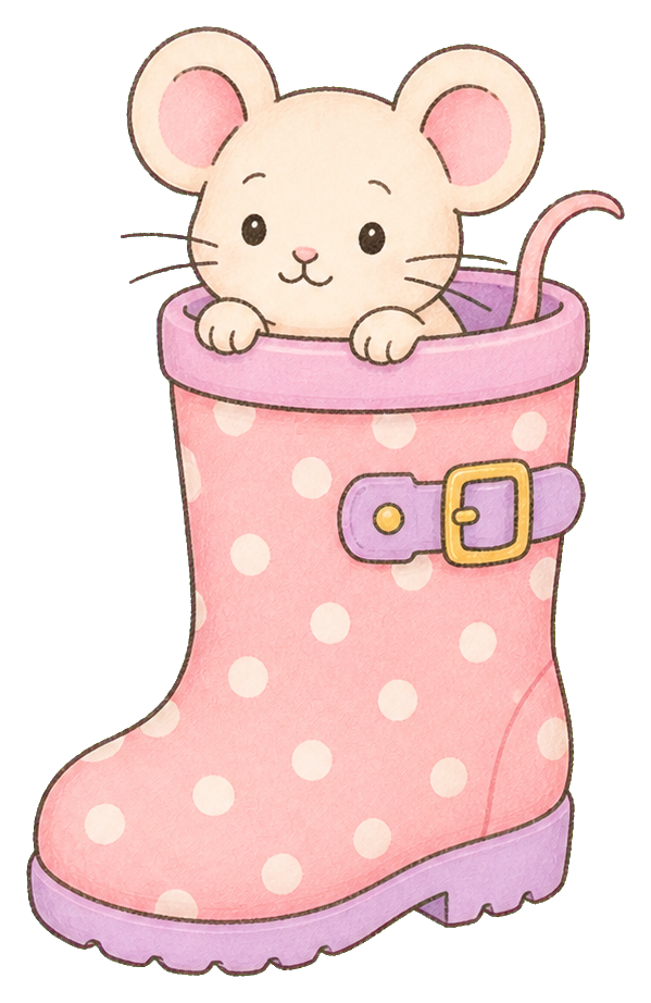 Cute mouse peeking out of a pink polka dot rain boot