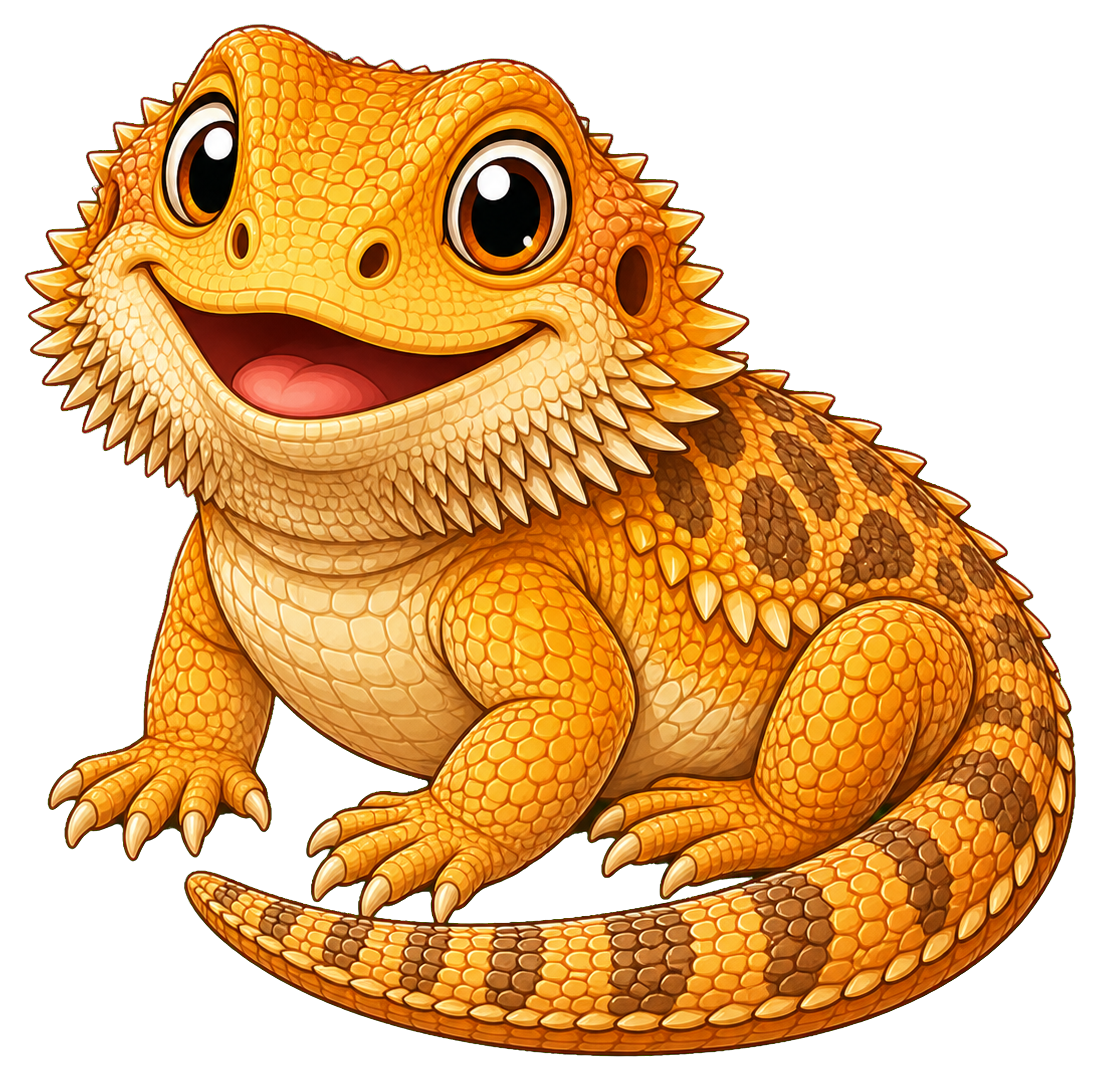 Smiling orange bearded dragon sticker sitting with curled tail and detailed scales