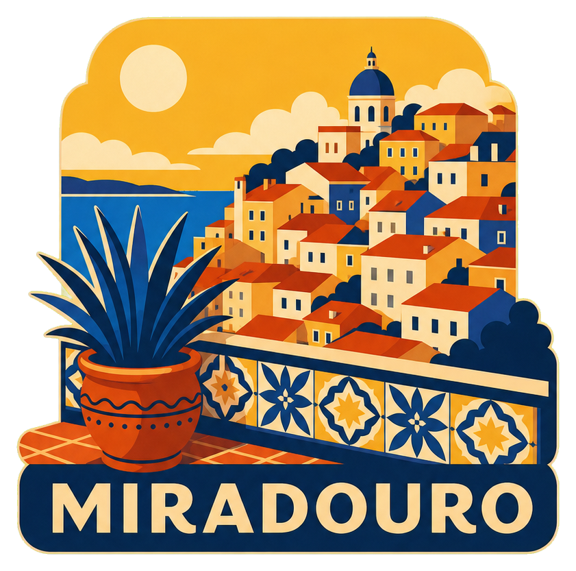 Colorful retro sticker showing Miradouro text with Lisbon hillside buildings and a potted plant.