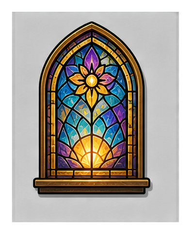 Stained-glass sanctuary window with an arched frame and glowing sunburst center.