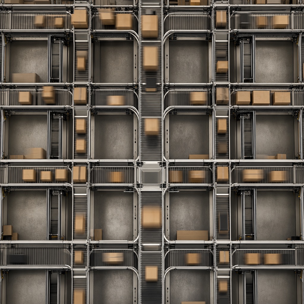 Abstract overhead view of warehouse-style compartments with stacked boxes and industrial grid lines