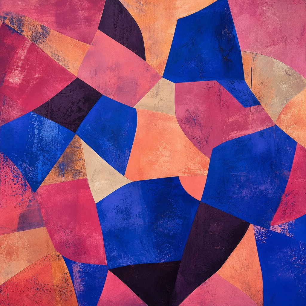 Abstract background with overlapping cobalt, rose, orange, and dark geometric shapes.