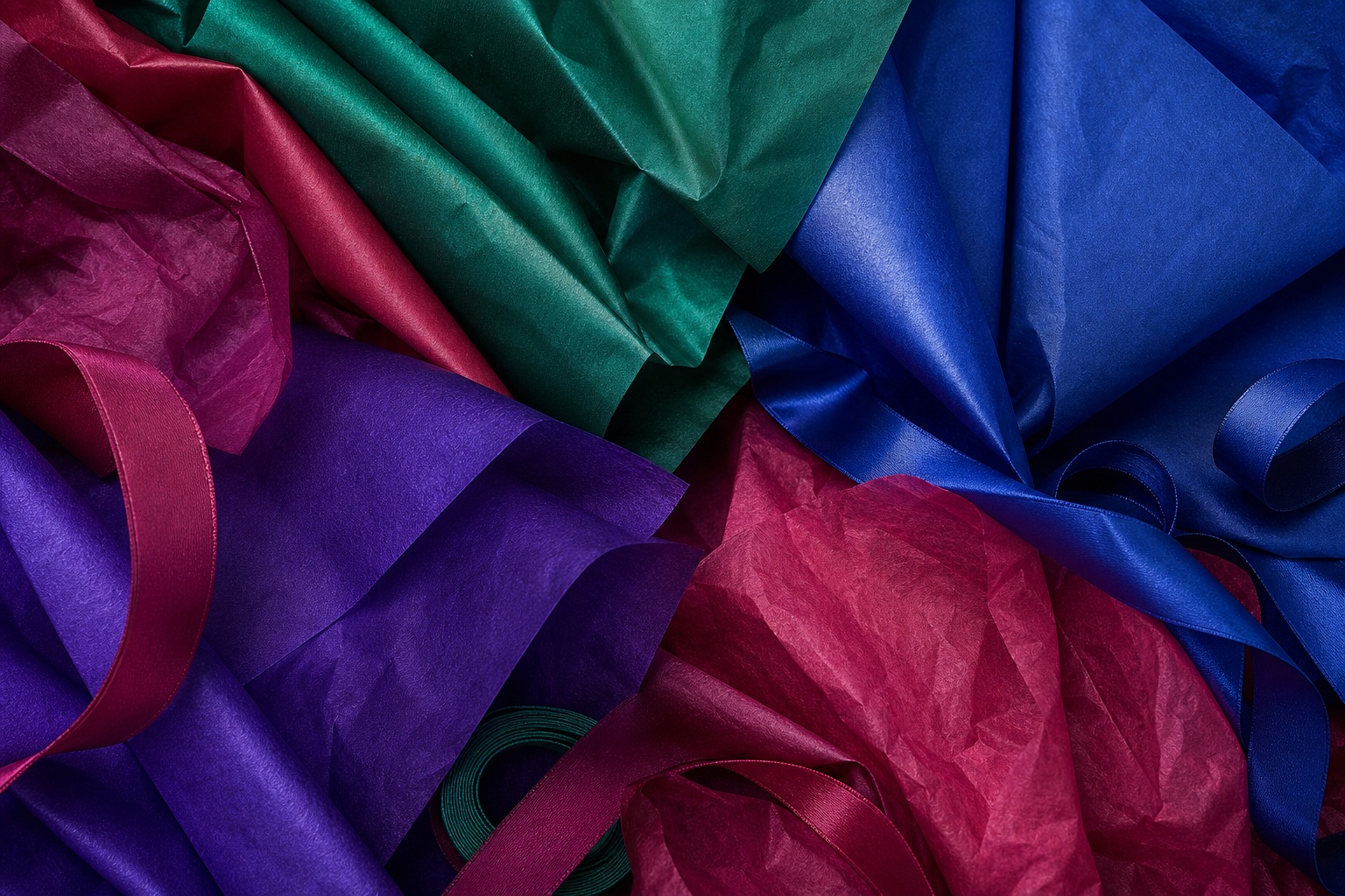 Overlapping jewel-toned paper folds with ribbon-like textures and a gift wrap look