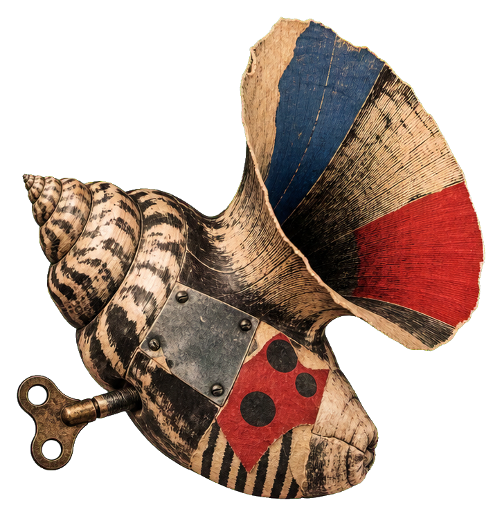 Collaged gramophone shell with striped, red, and beige vintage textures