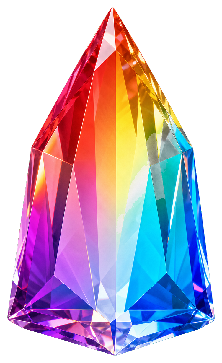 Faceted rainbow crystal gem shaped like a tall prism with bright gradient colors.