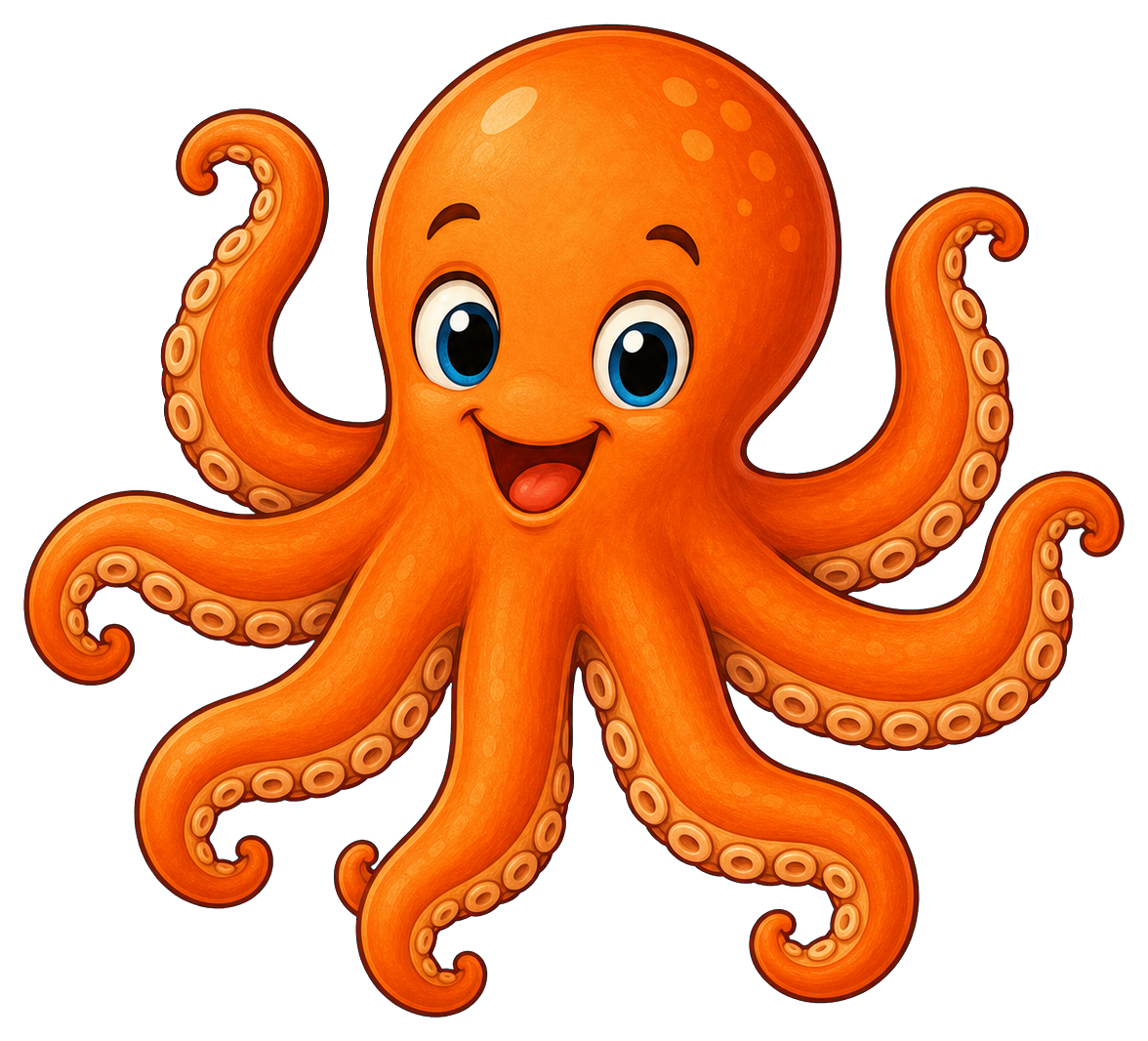 Orange cartoon octopus smiling with raised tentacles on a transparent background
