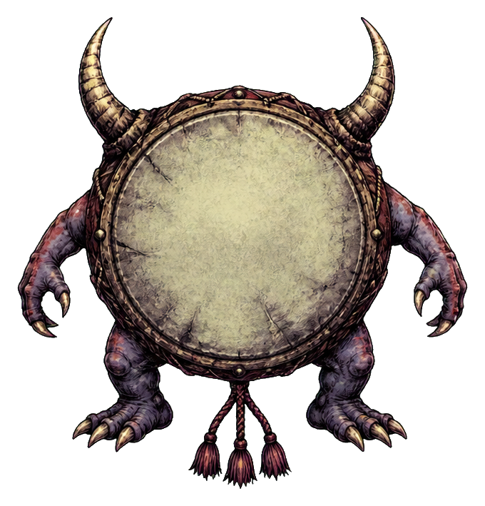 Round drum-faced demon with horns, claws, and a creepy monster body