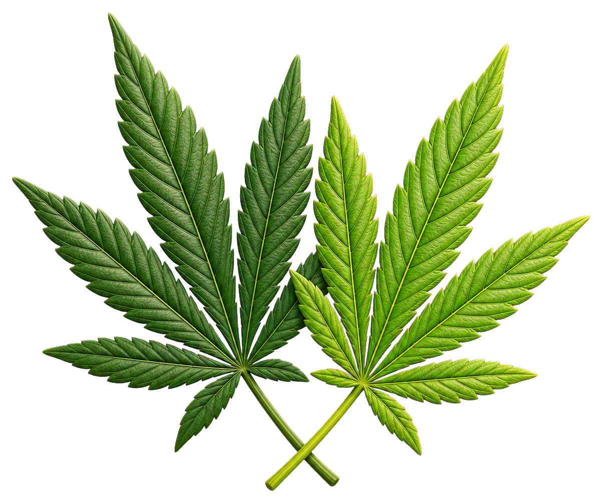 Two crossed green cannabis leaves forming a sticker graphic on a transparent background.
