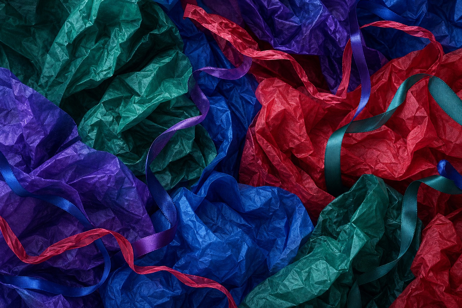 Crinkled jewel-toned paper texture with folded sections in blue, teal, purple, and red