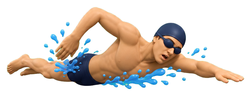 Clay-style swimmer in a freestyle stroke pose with blue splash accents