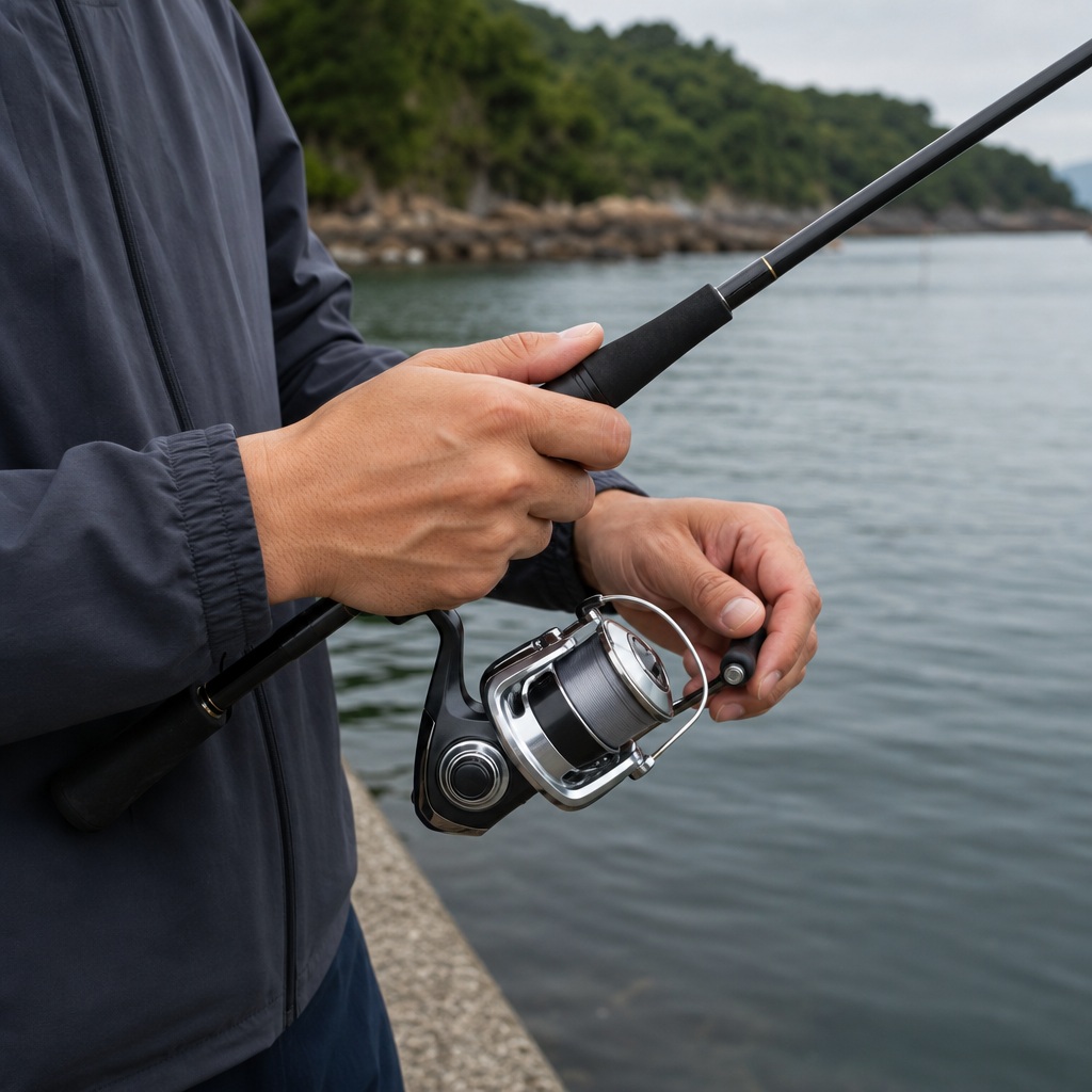 Hands holding a fishing rod and reel beside a calm lake.