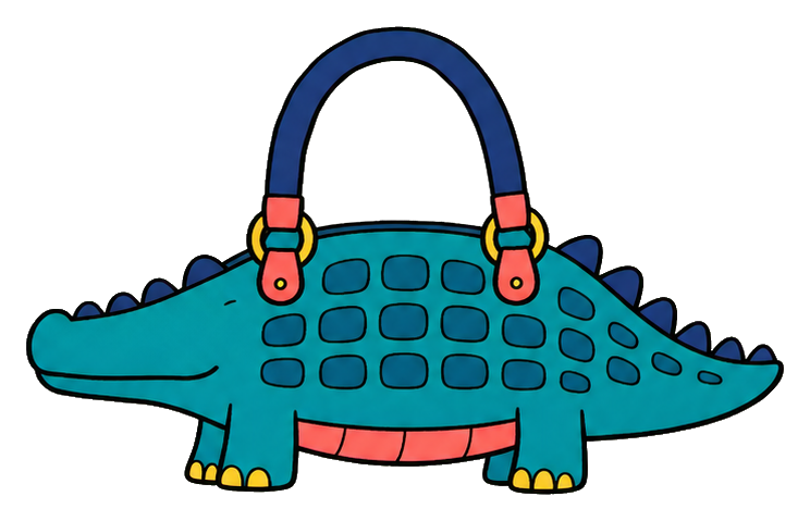 Cartoon crocodile shaped like a handbag with a rounded handle and colorful accents