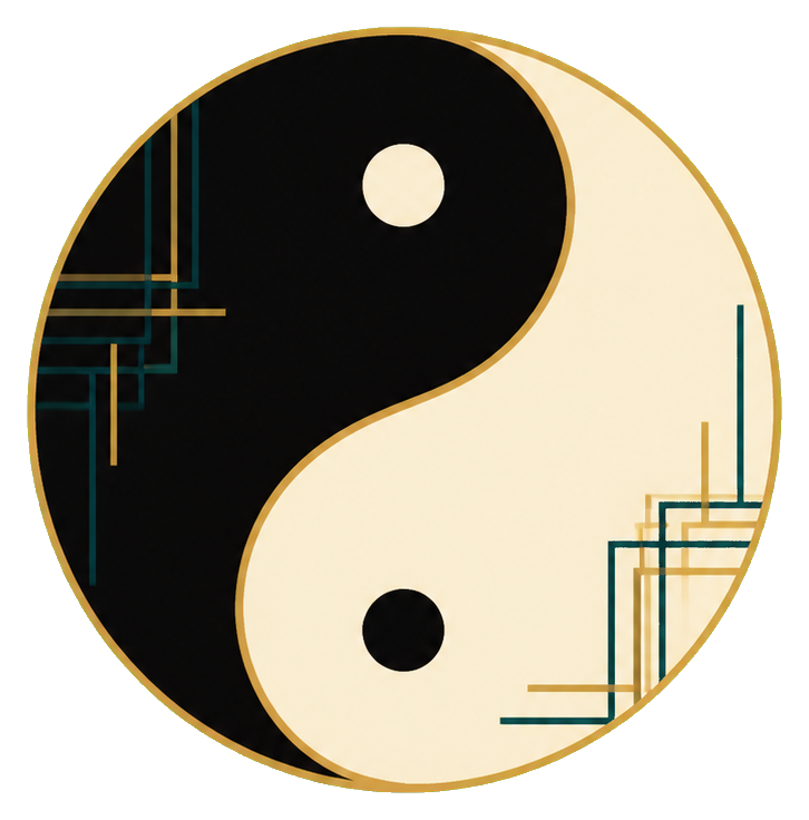 Art deco yin yang symbol in a black and cream circle with gold and teal corner accents