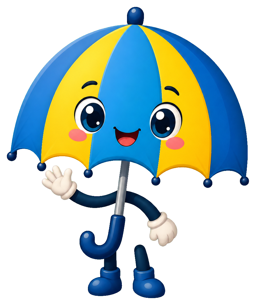Cute umbrella mascot with smiling face, arms, gloves, legs, and blue yellow canopy