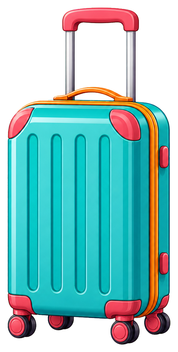 A turquoise rolling suitcase with a pink handle and orange trim.