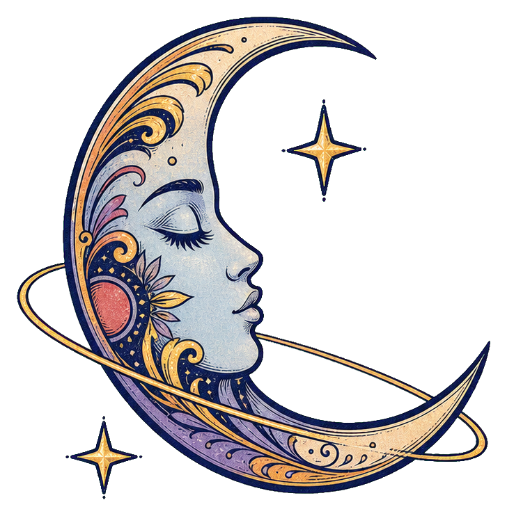 Ornate crescent moon profile with a face and star accents