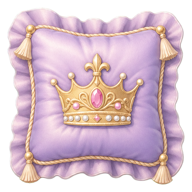 Lavender pillow with a gold crown and tassel corners