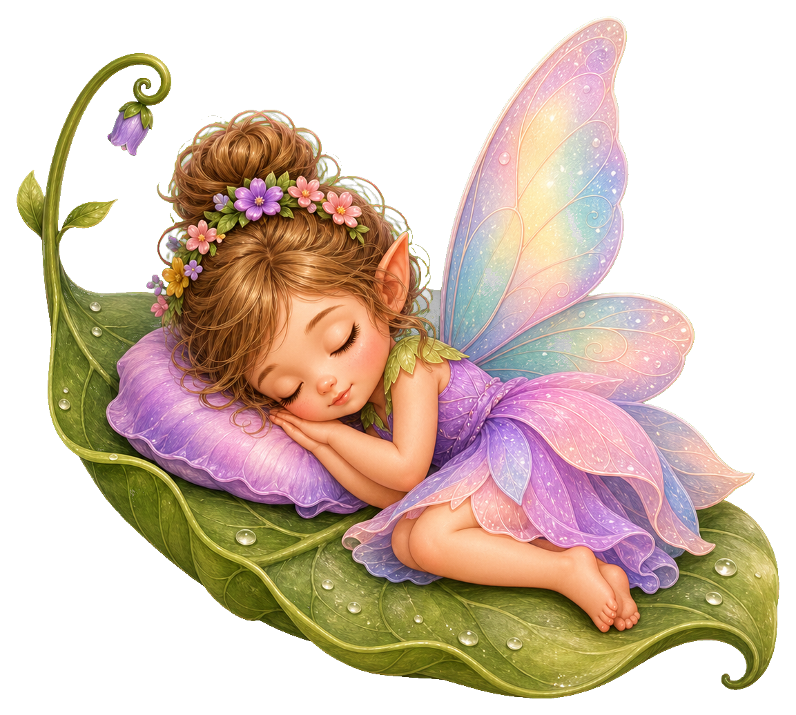 Sleeping fairy with purple wings resting on a green leaf