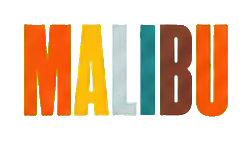 Colorful retro word art reading Malibu in bold block letters.