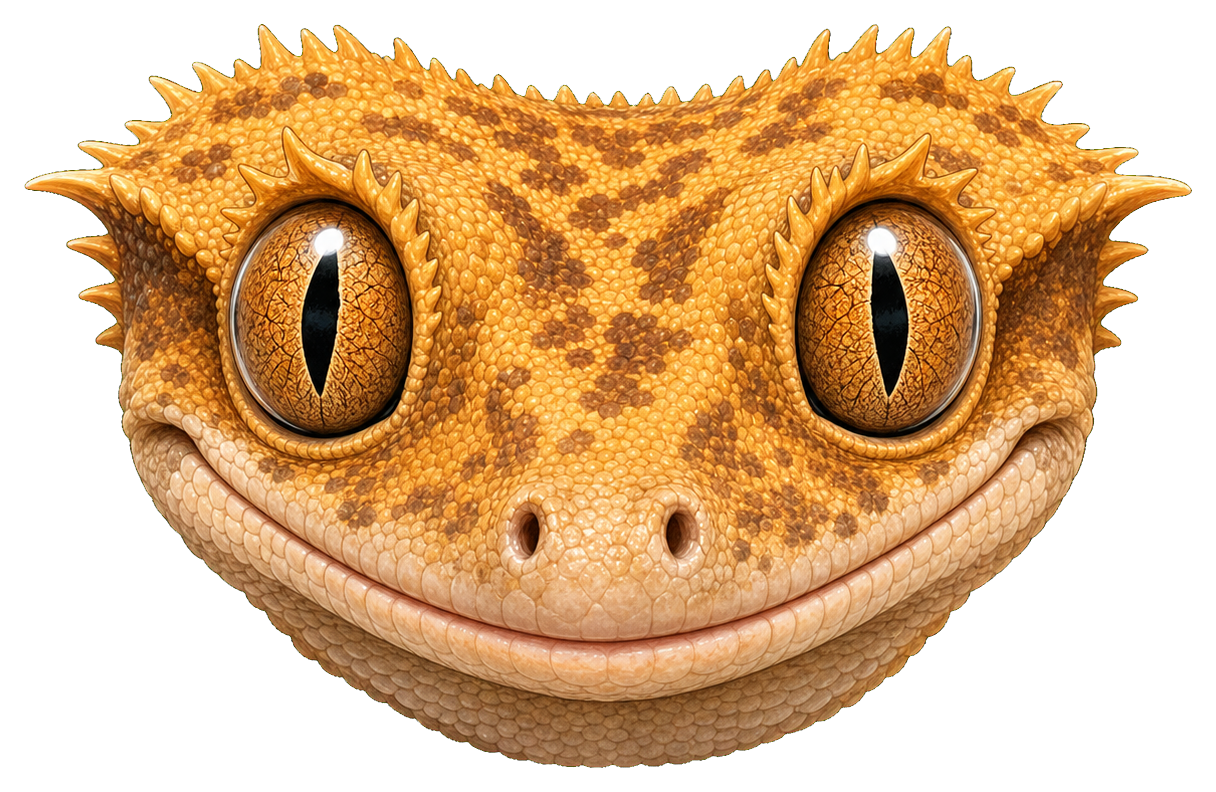 Crested gecko face with orange spotted skin and large eyes