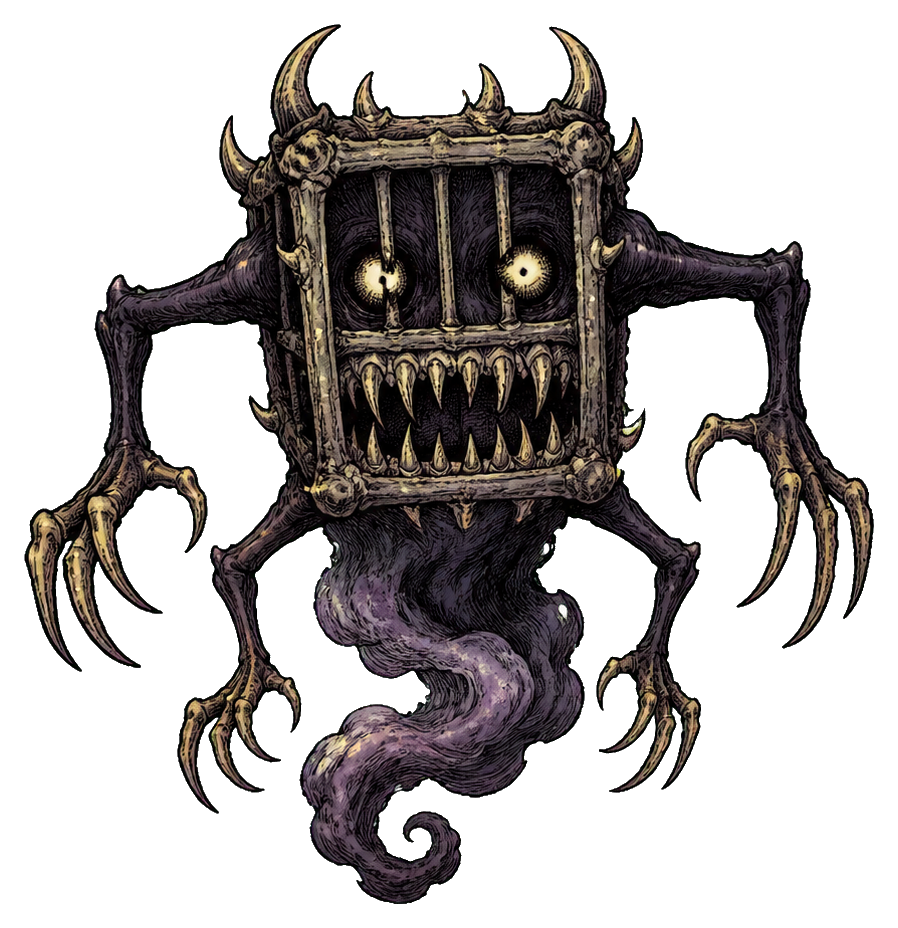 A dark creepy monster with glowing eyes, sharp teeth, claws, and smoky purple mist