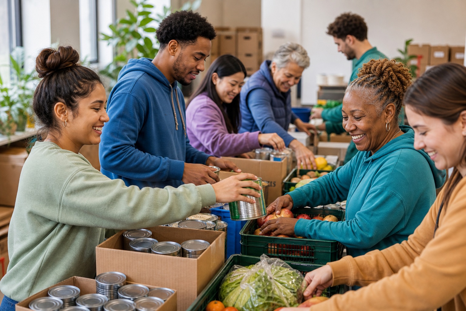 Volunteers sorting donated food at a community pantry table