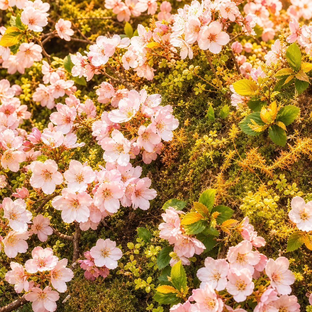 Pink spring blossoms scattered over a green mossy floral background