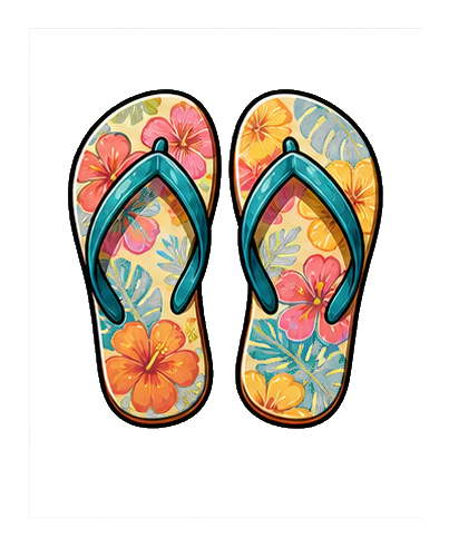 Two colorful flip flops decorated with tropical flowers and leaves.