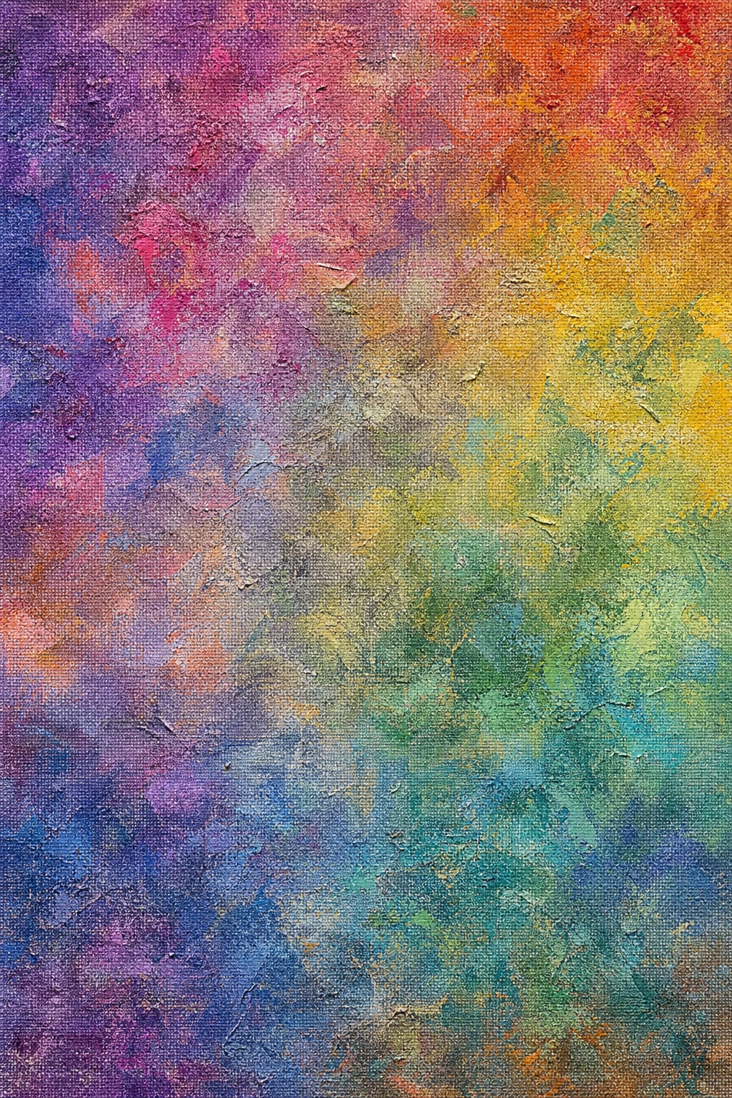 Muted rainbow painted canvas texture with fine stippled pigment across the surface.