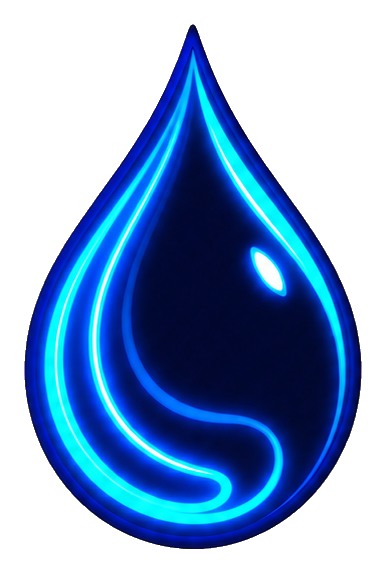 Glowing blue neon water droplet on a dark background